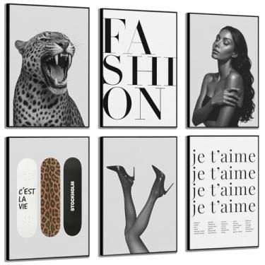 Imagem de 3 peças de arte de parede em tela com estampa de leopardo estilo Estocolmo preto e branco moda imagens de guepardo arte de skate mulher negra decoração de parede quarto infantil pintura estética para