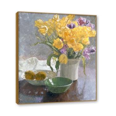 Imagem de Moldura de teca. Arte em tela floral country, pintura botânica vintage de natureza morta, decoração de parede de cozinha de fazenda emoldurada para sala de jantar. B09. 40 x 48 cm-15,7 x 18,9 pol