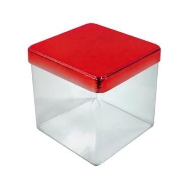 Imagem de Kit 2 Unidades Caixa de Acrílico Cake Box Bolo Quadrado C/Tampa Metalizada Lembrancinha 8x8 (Tampa Metalizada Vermelha)