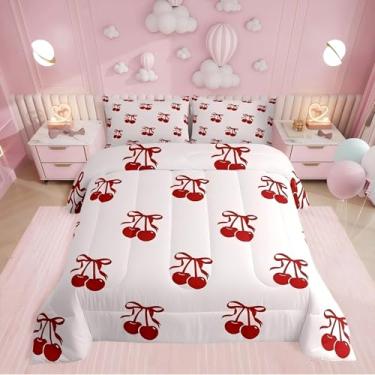 Imagem de Erosebridal Conjunto de edredom Queen com laço de cereja, estilo princesa sonhadora, para meninas, mulheres, namorada, cerejas vermelhas, com laço, estampa geométrica, enchimento de edredom