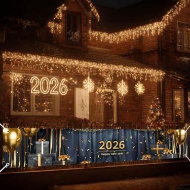 Imagem de HOMETITUTE Banner de Feliz Ano Novo 2026 2026 x 20 cm Pano de fundo de balão dourado preto para decoração de ano novo ao ar livre para cerca de parede quintal varanda festa celebração faixa suspensa