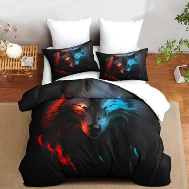 Imagem de CCoutueChen Conjunto de cama de edredom preto lobo, tamanho casal, vermelho e azul, 3 peças de microfibra macia e fofa com 2 fronhas/79 x 90