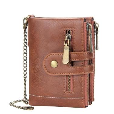 Imagem de Carteira masculina curta, estilo empresarial de alta qualidade, carteira de poliuretano com zíper duplo, carteira pequena retrô, Marrom, Simples