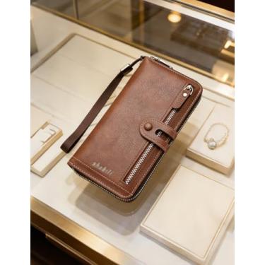 Imagem de Carteira masculina longa casual, carteira de couro com zíper único com bloqueio RFID e vários compartimentos para cartões, organizador de grande capacidade para transporte diário (bronzeado claro)