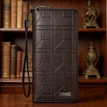 Imagem de Carteira masculina, carteira longa de couro em relevo com zíper único, design seguro e grande capacidade, organizador casual com aparência robusta (café escuro)