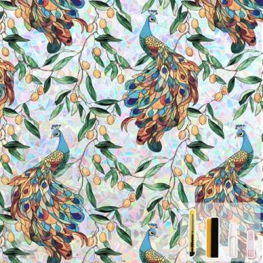 Imagem de Kromapolis Película de privacidade para janela, adesivo de vitral floral para janela, adesivos estáticos decorativos com bloqueio de UV, decalques coloridos com revestimento de vinil removível, pavão