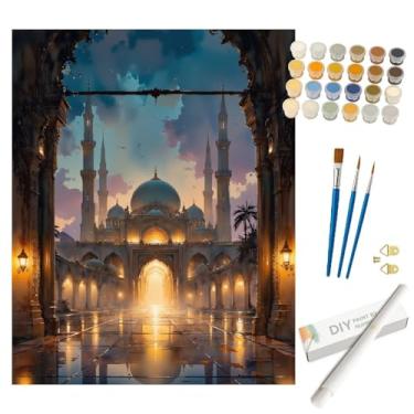 Imagem de Kit de pintura de arquitetura islâmica por números para adultos - Pintura DIY da Grande Mesquita no Crepúsculo enrolada em tela 40,6 x 50,8 cm, conjunto de tinta acrílica, adequado para iniciantes