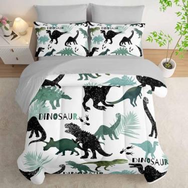 Imagem de AILONEN Conjunto de cama casal de dinossauro com estampa de dinossauro, preto e verde em uma bolsa com estampa de dinossauro rugindo, silhueta de dinossauro, lençol de cima com elástico + 2 fronhas +