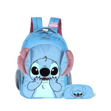 Imagem de Kit Lilo Stitch Mochila Costas + Estojo Triplo Pelúcia - Luxcel, azul