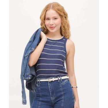 Imagem de Blusa Regata Feminina Canelada Listrada Marisa-04065, Azul, P
