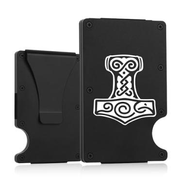 Imagem de THTCSQ Presente Vikings, carteira minimalista de metal gravada personalizada, carteira fina para homens, carteira de amuleto nórdico nórdico, carteira de guerreiro vikings presentes de deuses nórdicos