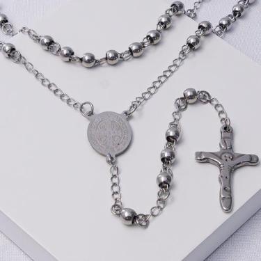 Imagem de Colar Aço Inox Prateado Masculino Terço com Medalha São Bento - Ralifl