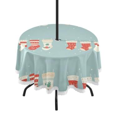 Imagem de Wassud Toalha de mesa redonda para uso ao ar livre com furo de guarda-chuva, meias de Natal, toalhas de mesa de 152 cm, toalhas de mesa para aniversário, casa de fazenda, cozinha