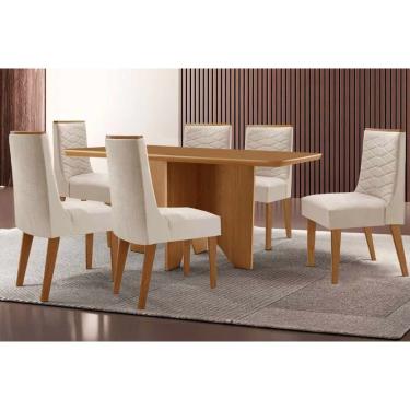 Imagem de Sala Jantar Mesa Nevada Tampo Curvo 180cm+6 Cadeiras Maldivas Madeira Naturale - Capuccino/Suede Creme - Rufato