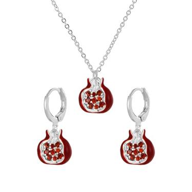 Imagem de Dreuyet Conjunto de colar de brincos de romã para mulheres delicados banhados a ouro 18 k premium CZ incrustado romã vermelha brincos de argola e colar berloque frutas personalizadas joias de