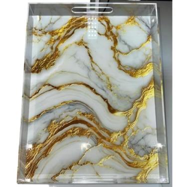 Imagem de Bandeja Decorativa em Acrílico de Impressão UV Imitação de Pedra(Cor branca com dourado - calac,P 24x18x3cm)