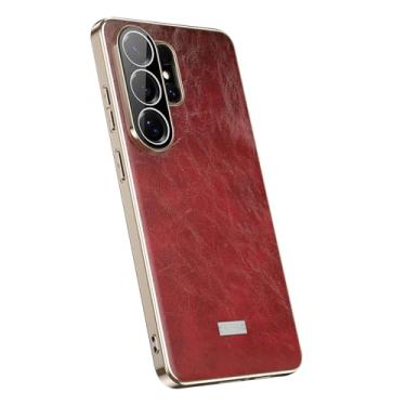 Imagem de POYUFRG Capa de couro para Samsung Galaxy S26 Ultra, fina, leve, luxuosa, galvanizada, com capa de proteção de lente completa, vermelha, S26 Ultra