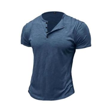 Imagem de Camiseta Henley Masculina De Algodão Para O Verão, Manga Curta, Cor Só