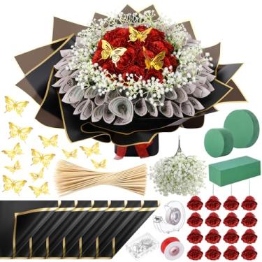Imagem de Marspark Kit de buquê de dinheiro para o dia dos namorados, presente incluído, 20 folhas de papel de embrulho de flores, 36 flores falsas, 100 espetos de bambu, 3 blocos de espuma floral para