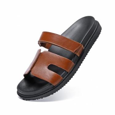 Imagem de ZEENXIUYA Sandálias femininas deslizantes com suporte de arco confortável, velcro ajustável para praia de verão, sandália plana larga de couro com tira em H, Marrom avermelhado, 11 X-Wide