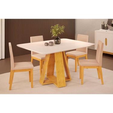 Imagem de Conjunto: Mesa Sala Jantar Celeste c/ Tampo Madeirado c/ Vidro Curvo 120x90cm e 4 Cadeiras Suzy Cedro/Off White - Suede Creme - DJ Móveis