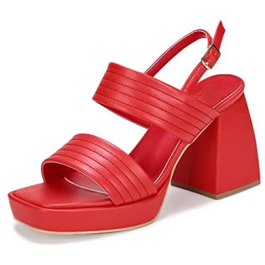 Imagem de WSKEISP Sandálias femininas com salto plataforma e tira no tornozelo, moderno, duas bandas, festa de casamento, formatura, salto alto grosso, Vermelho, 38