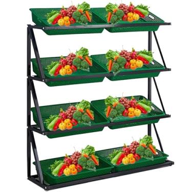 Imagem de Prateleiras comerciais de vegetais para supermercados, rack de exibição de frutas e lanches de 4/5 níveis, organizador de varejo com cestas de 8/10, prateleira de loja de conveniência verde