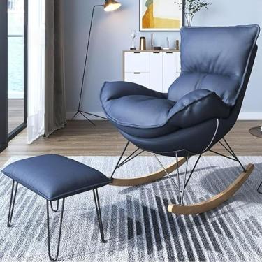 Imagem de Cadeira de balanço estofada moderna com apoio para os pés - Cadeira de descanso ergonômica confortável para quarto interno e acampamento ao ar livre - Sofá-cadeira reclinável azul elegante