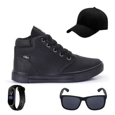 Imagem de Tenis Botinha Infantil Meninos Casual Cano Alto Confortavel + Bone Oculos Relogio-Masculino