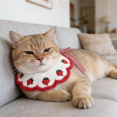 Imagem de Babador para animais de estimação, bonito feito à mão, de malha, adorável, decorativo, para cães/gatos pequenos e médios, ideal para uso diário, brincadeiras e alimentação (morango vermelho)