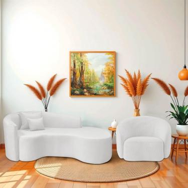 Imagem de Kit Recamier Curvo Sala De Estar Inglaterra 200cm Lado Direito E 2 Poltronas Orgânica Luxo Amore Bouclé Branco