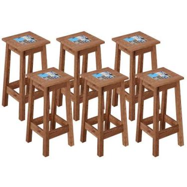 Imagem de Kit 06 Banquetas Altas De Madeira Maciça Pinus Com Cerâmica Vintage Rú