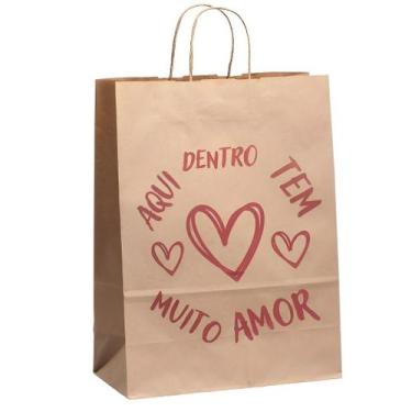 Imagem de 100 Sacolas Papel Kraft pequena P Presente Coração Com Alça - MLBpel