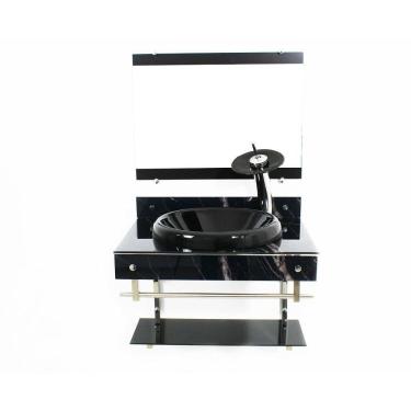 Imagem de Gabinete De Vidro 60Cm Inox Com Cuba Chapeu - Mármore Preto