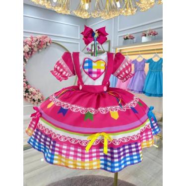 Imagem de Vestido Junino Xadrez Infantil Rosa Pink Coração Festa Junina Caipira 