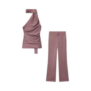 Imagem de Conjunto Feminino De Calça De Cintura Alta Com Perna Larga E Gola De L