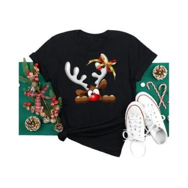 Imagem de Camiseta Feminina De Natal Com Estampa De Rena E Papai Noel, Gola O, E