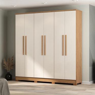 Imagem de Guarda Roupa Casal São Paulo 6 Portas de Bater 3 Gavetas MDP com Espelho Reflecta Branco, Canelato Off White