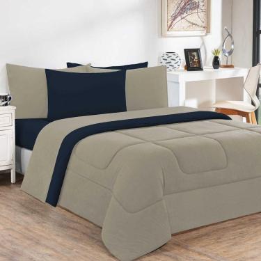 Imagem de Kit Edredom Malha 100% Algodão Gran Moratta 2 Peças Solteiro - Avelã-azul Marinho. - Superior!