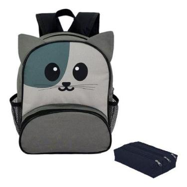 Imagem de Kit Mochila Infantil Gatinho Dinossauro Com Estojo Escolar Triplo Unis