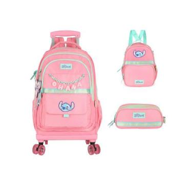 Imagem de Kit Mochila Rodinhas Lancheira Estojo Escolar Stitch Disney, Salmão