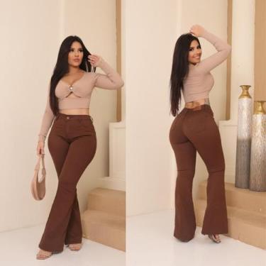 Imagem de Calça Flare Feminina jeans nas cores bege/caqui super confortável que 