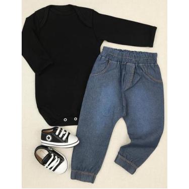 Imagem de Kit para Bebê Look Completo - Body, Calça Jeans e Tênis Tamanho:0-3MCo