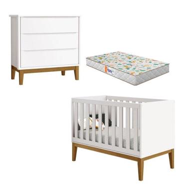 Imagem de Berço Americano e Cômoda Gaveteiro New Classic Branco com Pés Madeira e Colchão Gazin - Reller 