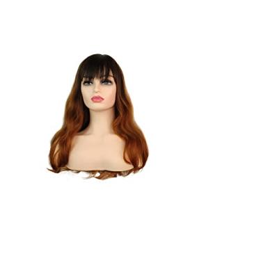 Imagem de Peruca Ondulada Longa Sintética Borgonha Escuro Feminina Peruca Longa Encaracolado Vermelho Preto Gradiente Marrom com franja, Peruca Ondulada Vermelha Feminina (20 polegadas) (Preto amarronzado)