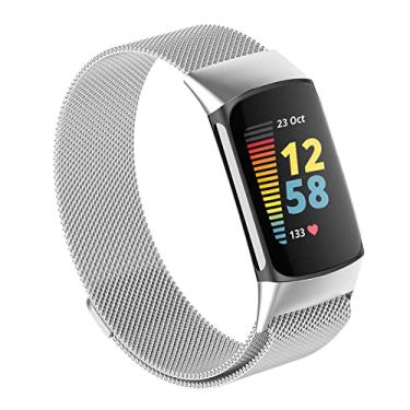 Imagem de Pulseiras magnéticas de malha compatíveis apenas com Fitbit Charge 5, pulseiras de metal ajustáveis de aço inoxidável pulseiras de substituição para monitor de atividades Charge 5, mulheres e homens, prata, pequenas
