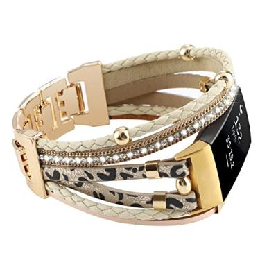 Imagem de Pulseira de couro Posh compatível com Fitbit Charge 4 Charge 3, pulseiras femininas boho pulseiras joias multicamadas pulseira substituição para carga 4/carga 3/3SE acessórios (prata preto leopardo)