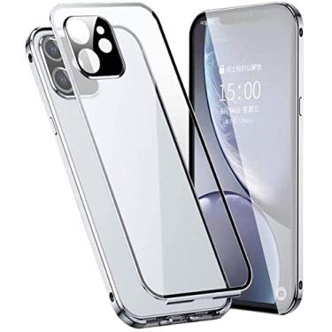 Imagem de HAODEE Capa de telefone de vidro flip magnético, capa de telefone com moldura de metal de vidro temperado de dupla face transparente para Apple iPhone 12 Mini (2020) 5,4 polegadas (cor: prata)