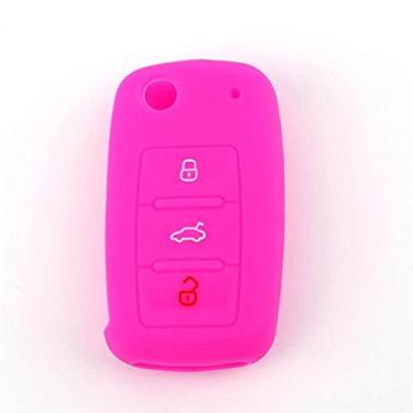 Imagem de YJADHU Capa de silicone para chave de carro Flip Remote Capa protetora para chave 3 botões, apto para VW POLO Golf Jetta Tiguan Passat Bora Skoda Fabia, rosa