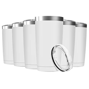 Imagem de Deitybless Pacote com 6 canecas de viagem isoladas a vácuo de 590 ml com tampas, copo de parede dupla de aço inoxidável para casa, escritório, exterior adequado para porta-copos de veículos (branco)